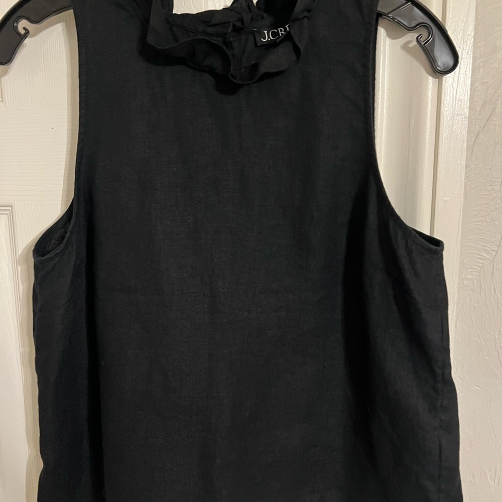 J. Crew Elegant Black Sleeveless Linen Blouse with Ruffle neckline